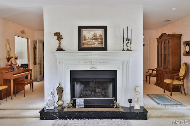 613 N W St, Raymond, IL 62560 - detailed view of carpet floors and a fireplace with raised hearth