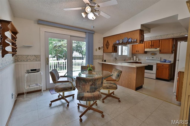 613 N W St, Raymond, IL 62560 - dining space featuring a textured ceiling, a wainscoted wall, lofted ceiling, and a ceiling fan