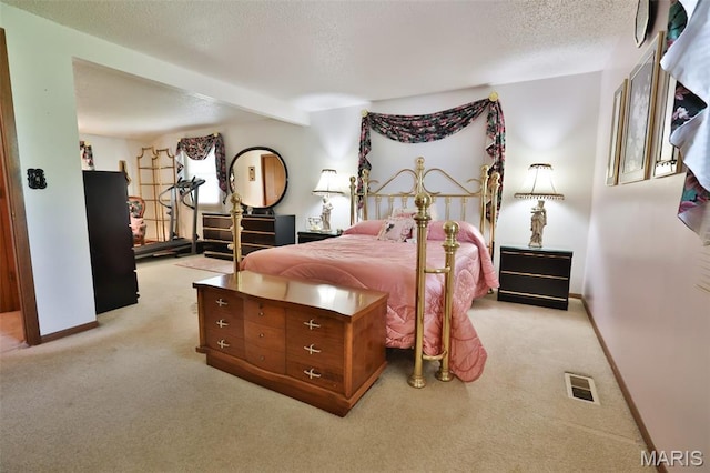 613 N W St, Raymond, IL 62560 - bedroom featuring carpet floors, a textured ceiling, and beamed ceiling