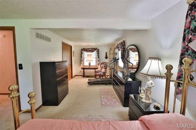 613 N W St, Raymond, IL 62560 - living area featuring light colored carpet, a textured ceiling, and beamed ceiling