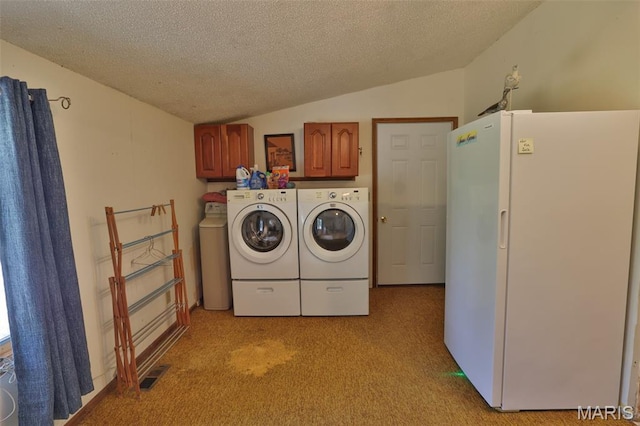 613 N W St, Raymond, IL 62560 - laundry room featuring independent washer and dryer, light carpet, cabinet space, and a textured ceiling