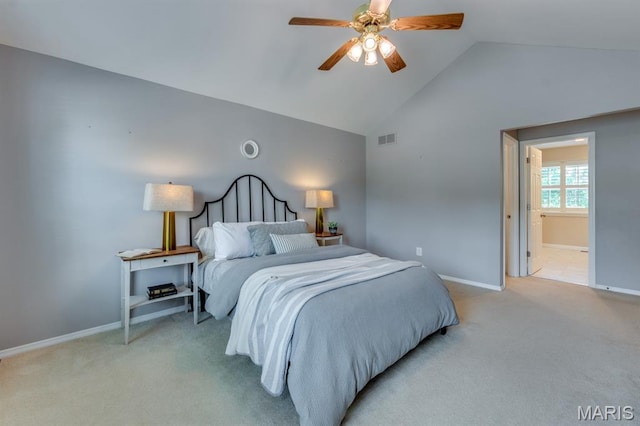 13153 Barrett Meadows Dr, Ballwin, MO 63021 - bedroom with light colored carpet, ceiling fan, and high vaulted ceiling