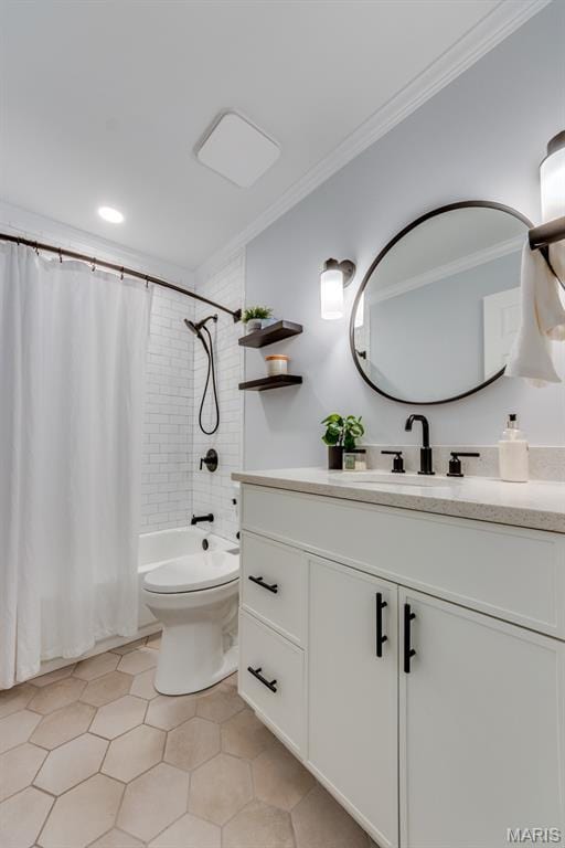 13153 Barrett Meadows Dr, Ballwin, MO 63021 - full bathroom featuring crown molding, vanity, shower / bathtub combination with curtain, and tile patterned flooring