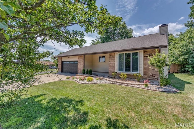 3534 Carriage Run Dr, Saint Charles, MO 63303 - ranch-style house with brick siding, driveway, a chimney, and an attached garage