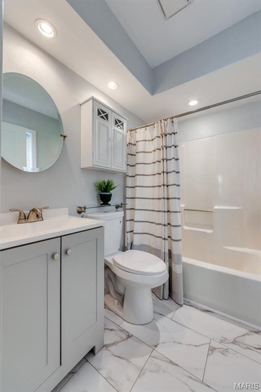 3534 Carriage Run Dr, Saint Charles, MO 63303 - full bath featuring vanity, marble finish floors, recessed lighting, and shower / bath combo with shower curtain