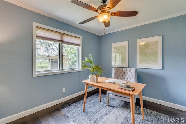 3534 Carriage Run Dr, Saint Charles, MO 63303 - office featuring wood finished floors, a ceiling fan, and ornamental molding