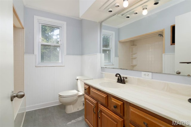 110 N 74th St, Belleville, IL 62223 - bathroom with wainscoting, ornamental molding, vanity, and shower / washtub combination