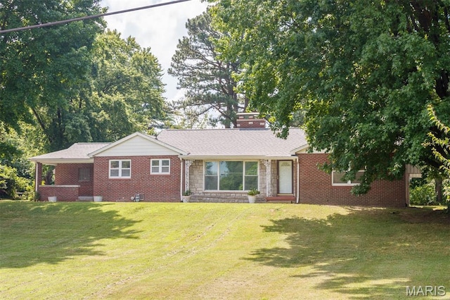 110 N 74th St, Belleville, IL 62223 - single story home featuring a front lawn, a chimney, brick siding, and stone siding