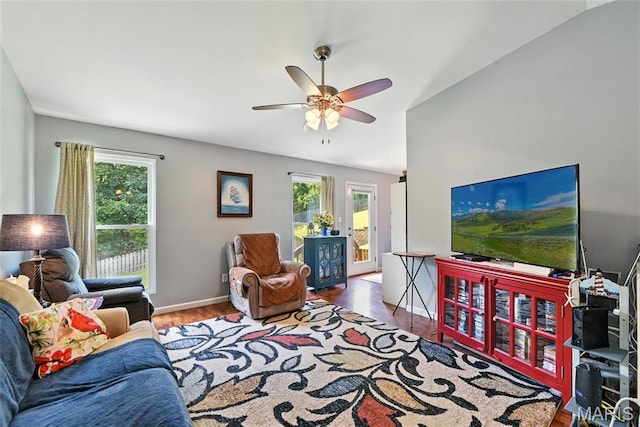 2364 Arkansas Dr, High Ridge, MO 63049 - living room with healthy amount of natural light, wood finished floors, lofted ceiling, and ceiling fan