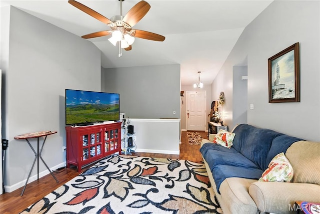 2364 Arkansas Dr, High Ridge, MO 63049 - living room with wood finished floors, ceiling fan, and lofted ceiling