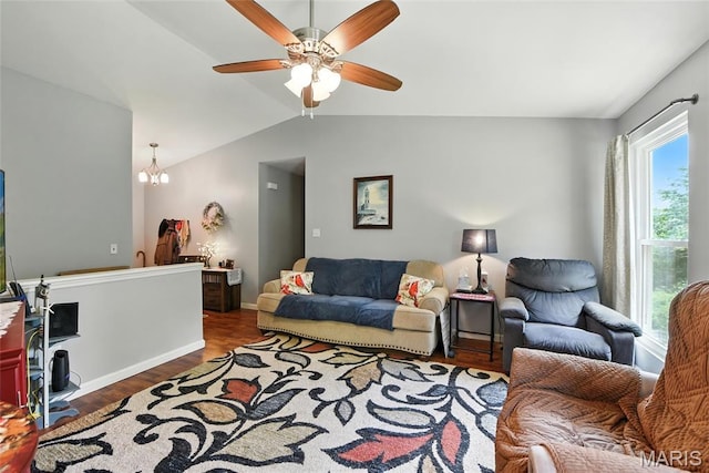 2364 Arkansas Dr, High Ridge, MO 63049 - living room with wood finished floors, vaulted ceiling, ceiling fan, and a chandelier