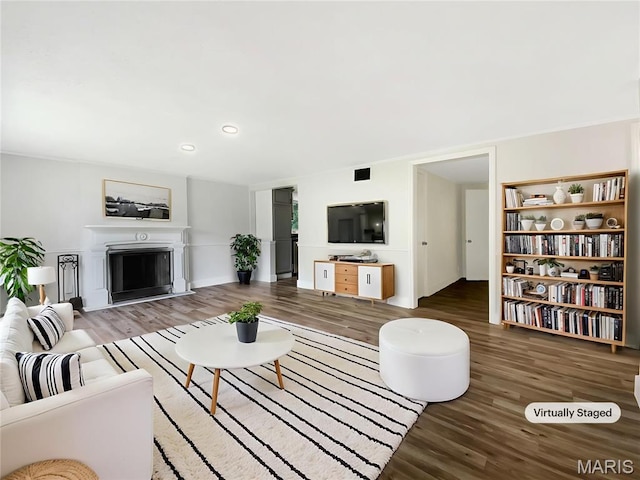 614 Conover Ln, Saint Louis, MO 63126 - living area featuring wood finished floors, a fireplace, and recessed lighting