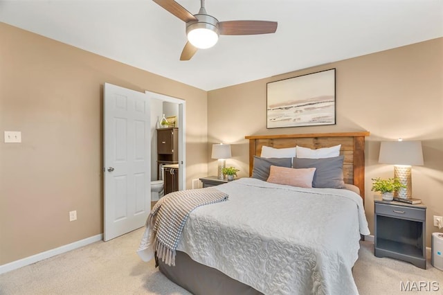 688 Rabbit Run Dr, Wentzville, MO 63385 - bedroom featuring light colored carpet, a ceiling fan, and ensuite bathroom
