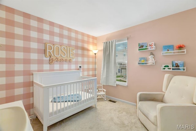 688 Rabbit Run Dr, Wentzville, MO 63385 - bedroom featuring carpet, a crib, and wallpapered walls