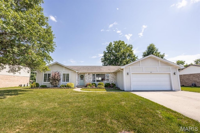 220 Southgate Dr, Freeburg, IL 62243 - single story home featuring an attached garage, a front lawn, concrete driveway, and stone siding