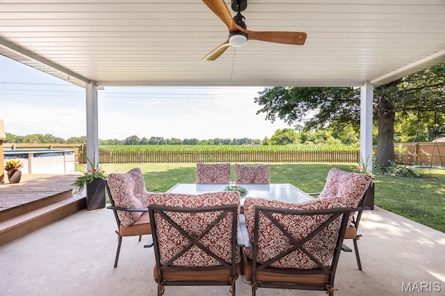220 Southgate Dr, Freeburg, IL 62243 - fenced backyard with agricultural plots, a patio area, a view of rural / pastoral area, and a ceiling fan