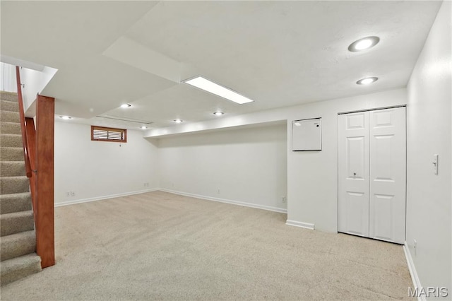 429 Belvedere Ln, Glendale, MO 63122 - basement with carpet flooring, stairs, and recessed lighting