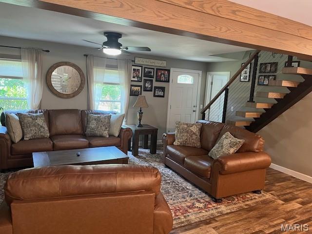 1333 Poor Farm Hollow Rd, Hardin, IL 62047 - living area with wood finished floors, stairs, and a ceiling fan