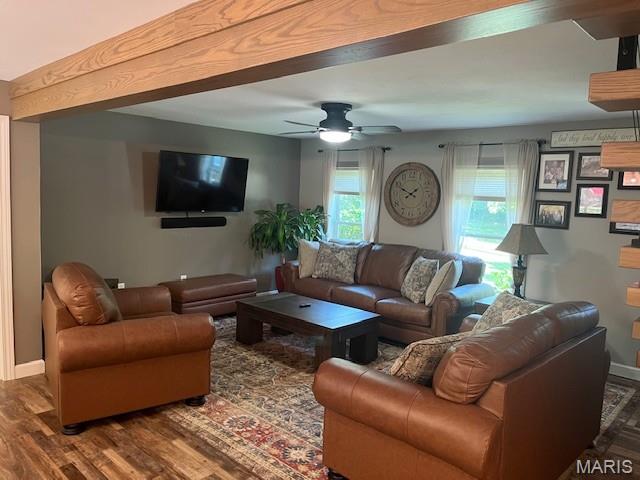 1333 Poor Farm Hollow Rd, Hardin, IL 62047 - living room with wood finished floors, a ceiling fan, and beamed ceiling