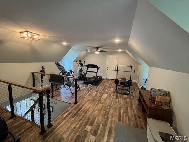 1333 Poor Farm Hollow Rd, Hardin, IL 62047 - exercise room featuring lofted ceiling, wood finished floors, and a ceiling fan
