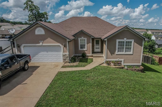 143 Lyle Curtis Cir, Waynesville, MO 65583 - ranch-style house with stucco siding, driveway, an attached garage, and stone siding