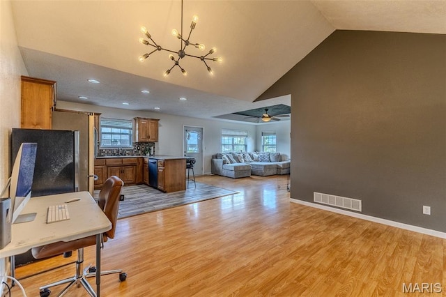 143 Lyle Curtis Cir, Waynesville, MO 65583 - home office with a chandelier, light wood-style flooring, high vaulted ceiling, and recessed lighting
