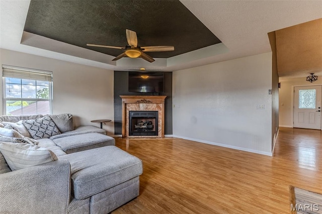 143 Lyle Curtis Cir, Waynesville, MO 65583 - living room featuring a tray ceiling, wood finished floors, a ceiling fan, and a fireplace