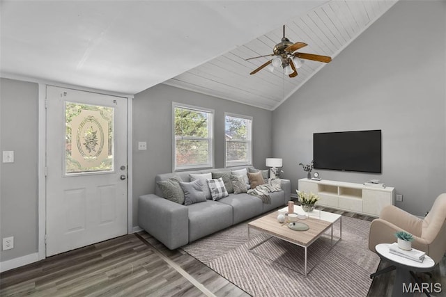 2826 Dawnview Dr, Florissant, MO 63031 - living room featuring wood finished floors, ceiling fan, and vaulted ceiling
