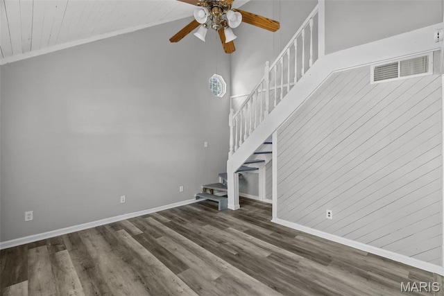 2826 Dawnview Dr, Florissant, MO 63031 - unfurnished living room with a ceiling fan, wood finished floors, and stairway