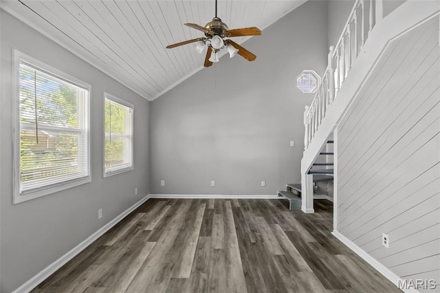 2826 Dawnview Dr, Florissant, MO 63031 - unfurnished living room with stairs, ceiling fan, dark wood-type flooring, high vaulted ceiling, and wood ceiling