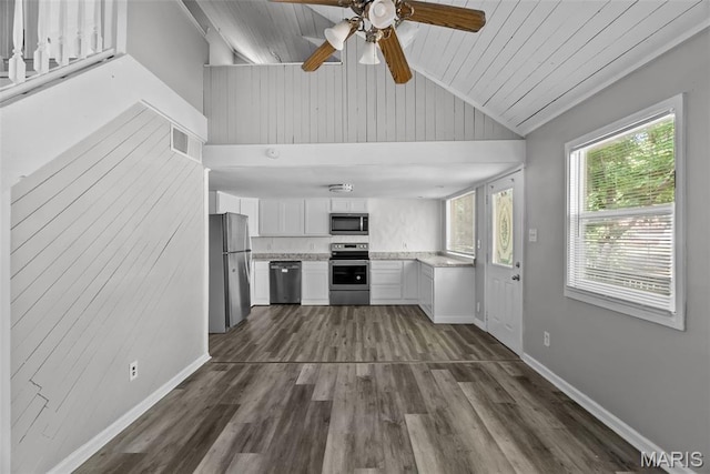 2826 Dawnview Dr, Florissant, MO 63031 - kitchen featuring appliances with stainless steel finishes, lofted ceiling, dark wood-style floors, ceiling fan, and wood ceiling