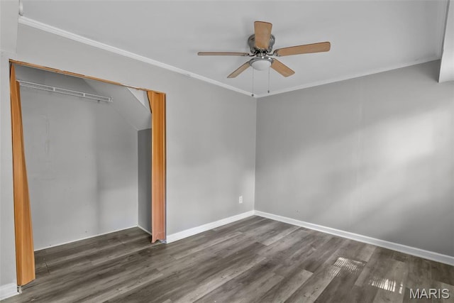 2826 Dawnview Dr, Florissant, MO 63031 - unfurnished bedroom featuring dark wood-style floors, ornamental molding, a closet, and ceiling fan