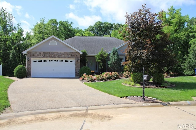 600 Emerald Meadows Ct, Saint Charles, MO 63304 - ranch-style house with driveway, an attached garage, a front yard, and brick siding