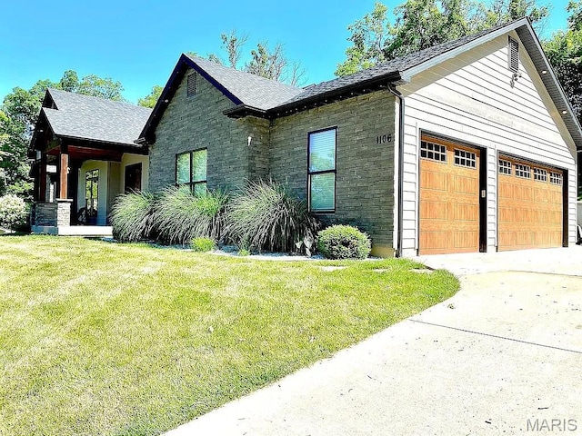 1106 Palmer Pl, Imperial, MO 63052 - view of front of property featuring a front lawn, a garage, stone siding, and a shingled roof