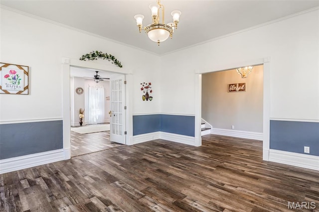 712 Maple St, Hillsboro, MO 63050 - empty room with a chandelier, wood finished floors, ornamental molding, stairway, and french doors