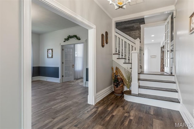712 Maple St, Hillsboro, MO 63050 - staircase with wood finished floors, a chandelier, and ornamental molding