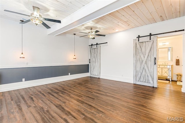 712 Maple St, Hillsboro, MO 63050 - empty room with a barn door, ceiling fan, wood finished floors, and a wooden ceiling with exposed beams
