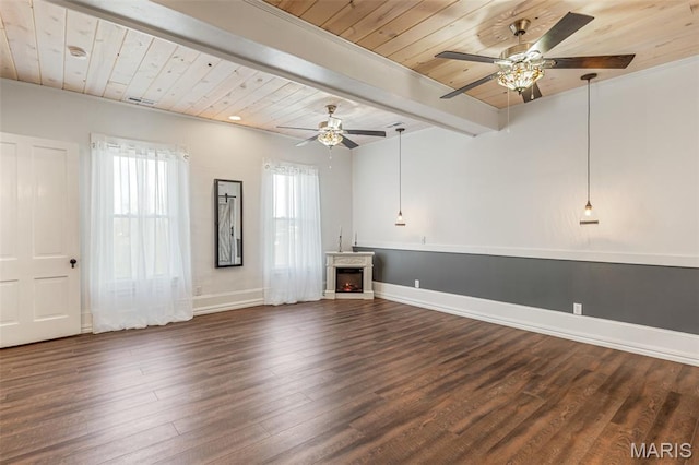 712 Maple St, Hillsboro, MO 63050 - unfurnished living room featuring a wooden ceiling with exposed beams, wood finished floors, ceiling fan, and a lit fireplace