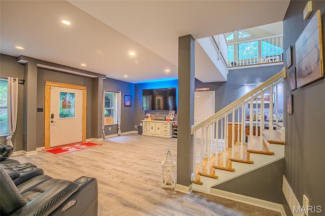 532 Fairfield Valley Rd, Pacific, MO 63069 - foyer entrance featuring wood finished floors, recessed lighting, stairway, and a skylight