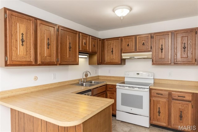 1675 Blue Ridge Dr Unit B, Lemay Township, MO 63125 - kitchen with white electric range, under cabinet range hood, light countertops, a peninsula, and brown cabinets