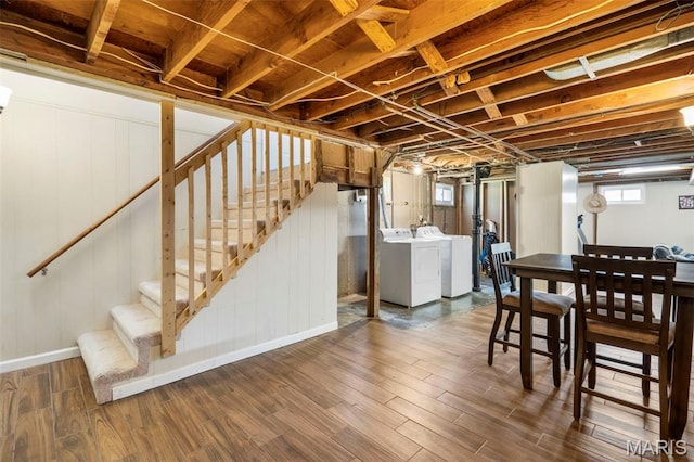 346 Madison Ave, Saint Louis, MO 63119 - below grade area with washer and dryer, stairway, and wood finished floors