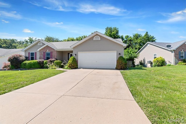 25 Saint Kathleen Ct, Troy, MO 63379 - ranch-style house with an attached garage, a front yard, driveway, and brick siding