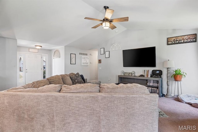 25 Saint Kathleen Ct, Troy, MO 63379 - living area with carpet, a ceiling fan, and lofted ceiling
