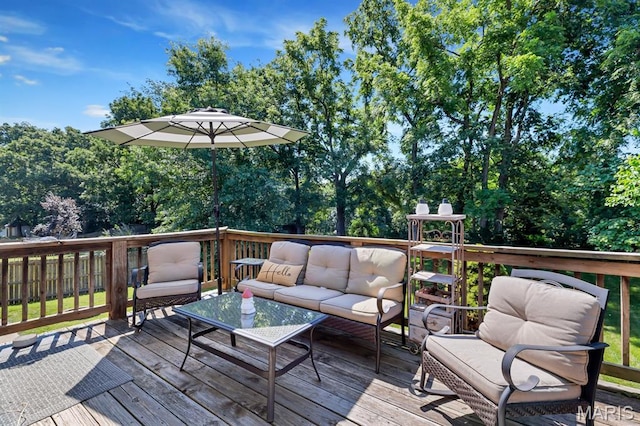 25 Saint Kathleen Ct, Troy, MO 63379 - wooden terrace with an outdoor living space and view of wooded area