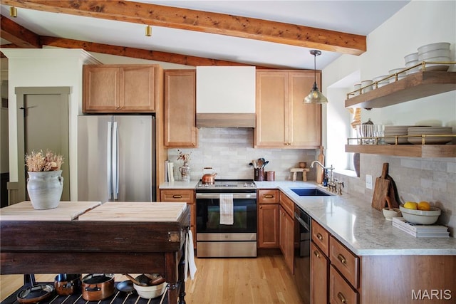 10 Marcus Dr, Saint Peters, MO 63376 - kitchen featuring appliances with stainless steel finishes, open shelves, light wood finished floors, beamed ceiling, and backsplash