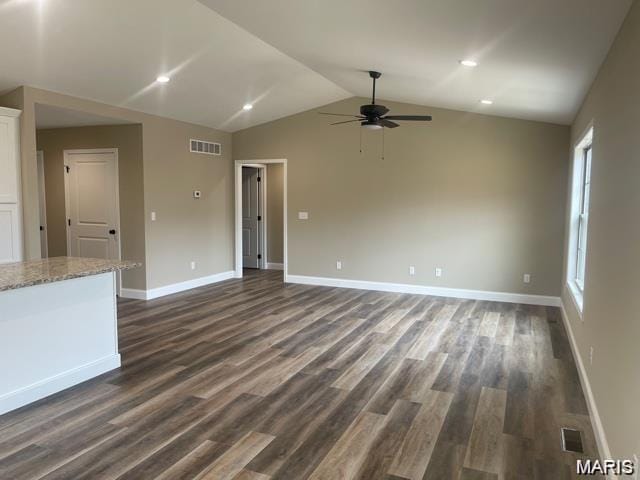 259 Broch Tuarach Pl, Jackson, MO 63755 - unfurnished living room featuring a ceiling fan, lofted ceiling, and dark wood-style floors