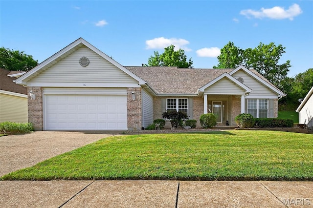 36 Mountain Laurel Dr, Saint Peters, MO 63376 - ranch-style house with brick siding, concrete driveway, a front yard, and an attached garage