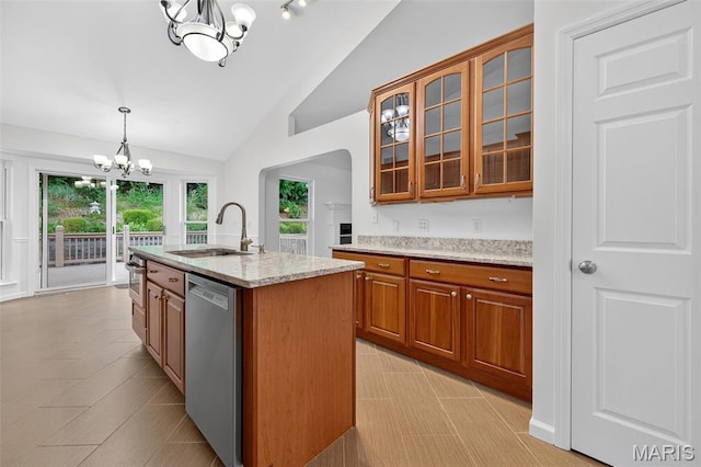 36 Mountain Laurel Dr, Saint Peters, MO 63376 - kitchen featuring a chandelier, stainless steel appliances, lofted ceiling, brown cabinetry, and glass insert cabinets