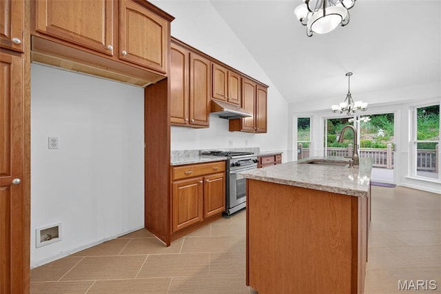 36 Mountain Laurel Dr, Saint Peters, MO 63376 - kitchen featuring high end stove, a chandelier, vaulted ceiling, light tile patterned floors, and light stone counters