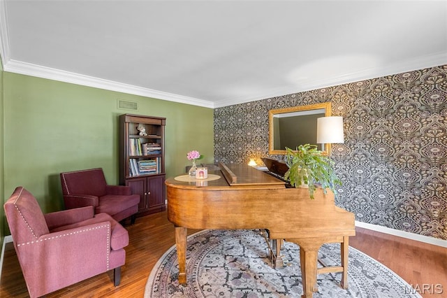 307 Blue Ridge Place Ct, Ballwin, MO 63011 - office space with crown molding, wood finished floors, and wallpapered walls